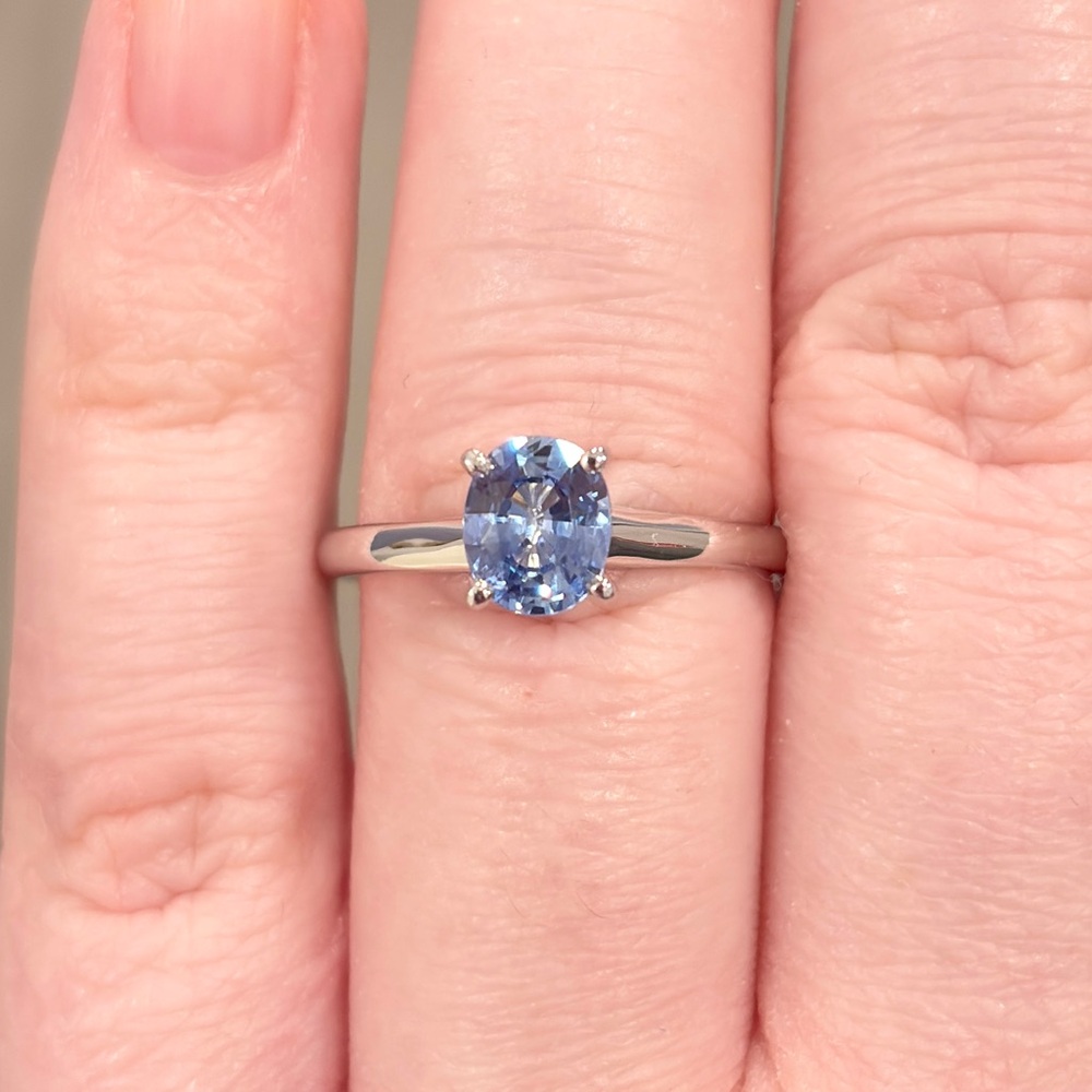 14K Natural Ice Blue Sapphire Ring, Oval Solitaire, High Setting, Engagement 7.5 - Picture 3 of 17